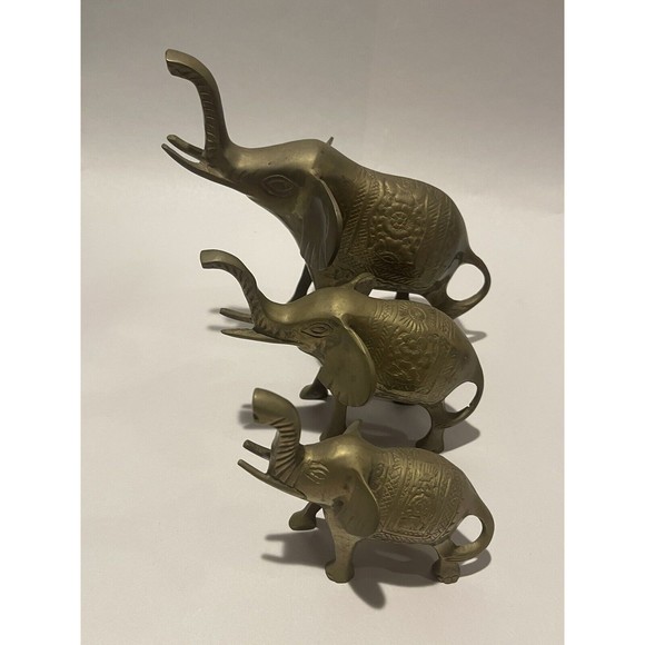 Set Of 3 Very Detailed BRASS ELEPHANTS FAMILY Figures Made in India - Picture 12 of 15